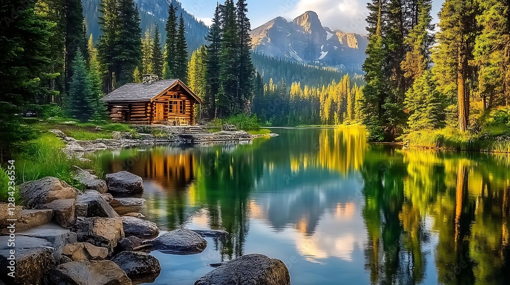 Fototapeta premium there is a cabin sitting on the shore of a lake