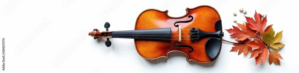 Fototapeta premium Antique violin, rich wood grain, white backdrop, classical, musical instrument, close-up