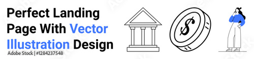 Coin with dollar sign, Greek-style bank building, person considering options in modern outfit. Ideal for finance, banking, investment, decision-making, saving, economy flat landing page banner