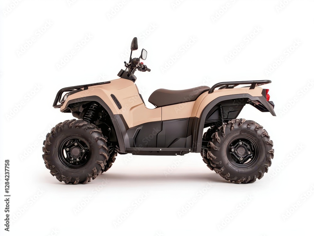 Fototapeta premium Militarystyle quad bike with armored panels, isolated, defense offroad vehicle