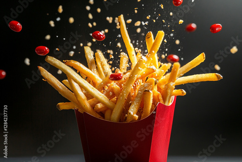 French fries with flying straws and ketchup drops in motion photo