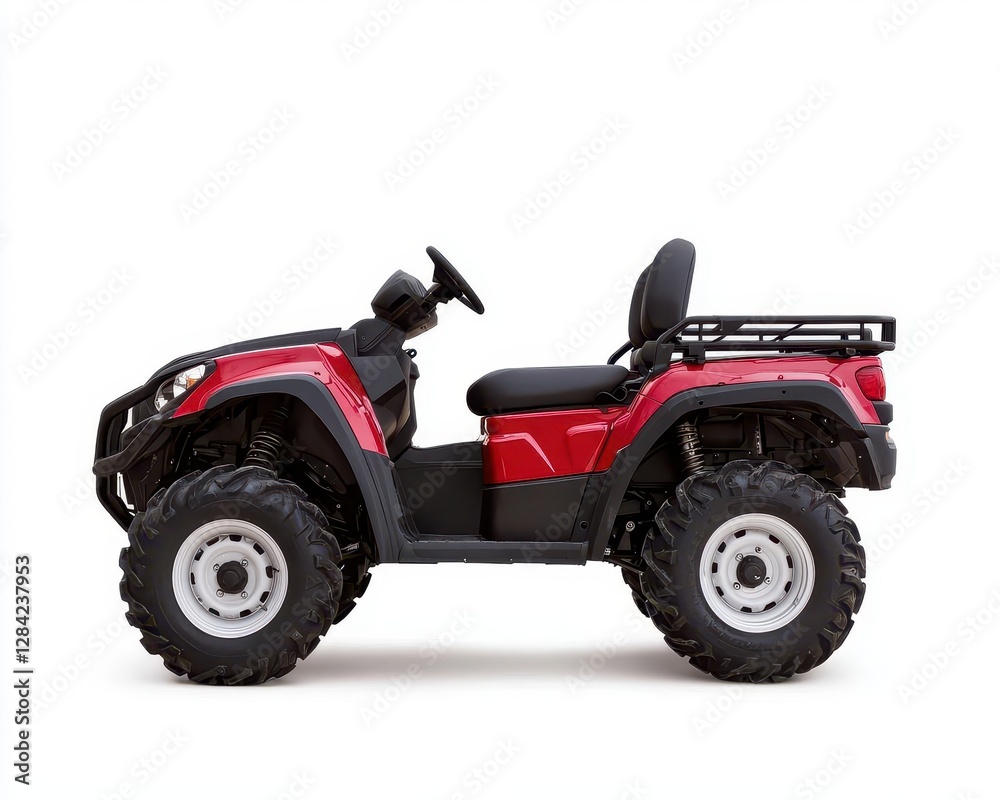 Rugged ATV with snow plow attachment, isolated, versatile offroad utility Rugged ATV with snow plow attachment, isolated, versatile offroad utility