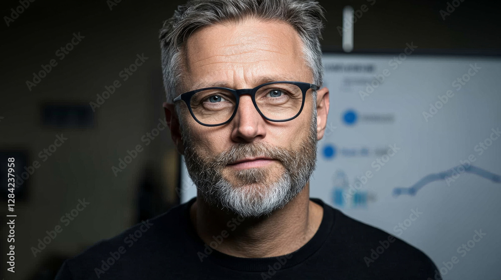 man with glasses and beard, wearing black shirt, stands in front of presentation board. background features graphs and charts, indicating professional setting man with glasses and beard, wearing black shirt, stands in front of presentation board. background features graphs and charts, indicating professional setting