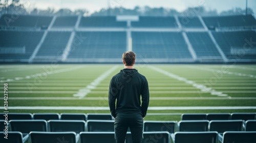 Obraz na płótnie Quarterback training in a professional stadium with focus on mental focus and preparation. Featuring calm and concentration w salonie