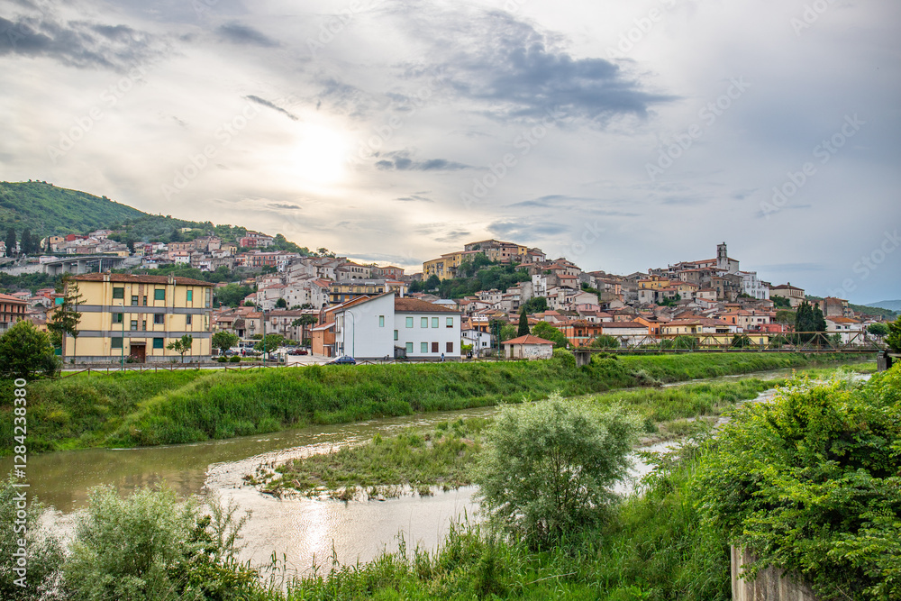 Beautiful old historic mountain village in the evening. City panorama at sunset Polla, Italy Beautiful old historic mountain village in the evening. City panorama at sunset Polla, Italy