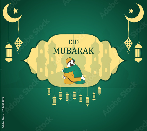 Muslim man hugging and wishing to each other on occasion of Eid. Colorful Eid Mubarak banner vector. Eid greetings design. Vector illustration.