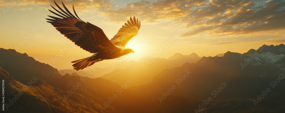 Obraz premium Majestic eagle soaring at sunrise over mountain landscape with golden sky
