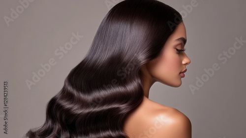 Elegant Beauty Portrait of a Woman with Glossy Wavy Hair