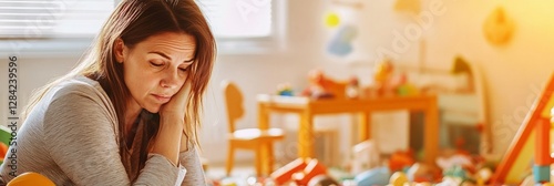 Struggling mother feeling overwhelmed while managing household chores and caring for children in a colorful playroom environment, parenting stress concept
