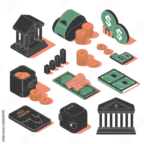 vector colorful economy trading graph cash money linked with curved dash line over the world bank 
