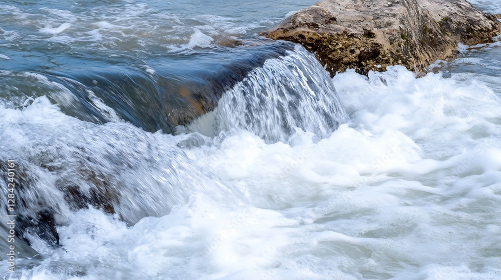 Dynamic Close Up of Water Rushing Over Rocks in a Natural Landscape Capturing Fluid Motion : Generative AI