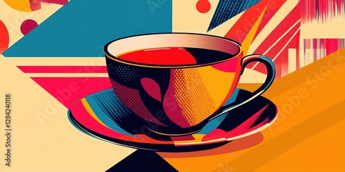 A bold pop art illustration of a tea cup and saucer with striking geometric patterns and vibrant colors set against a dynamic abstract background