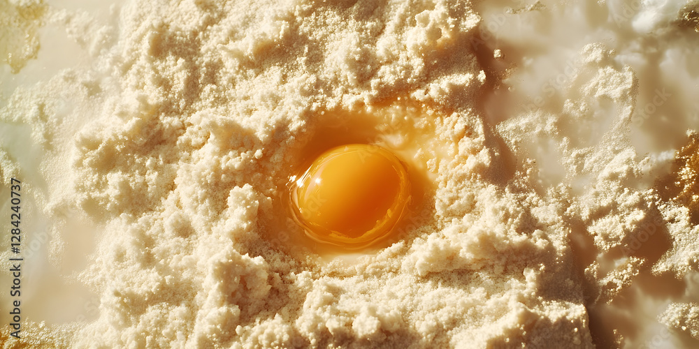 Raw Egg Yolk Nestled in Flour Baking Ingredients Closeup Culinary Photography High Resolution Kitchen Image, Baking Recipe Visualization Raw Egg Yolk Nestled in Flour Baking Ingredients Closeup Culinary Photography High Resolution Kitchen Image, Baking Recipe Visualization