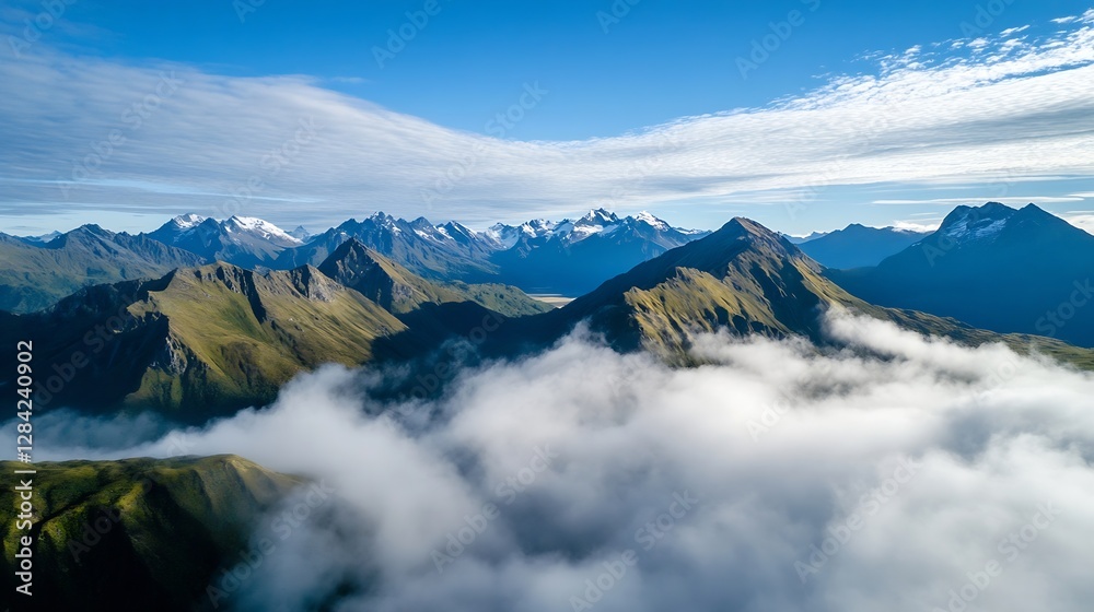Breathtaking aerial view of majestic mountains surrounded by clouds and a clear blue sky above : Generative AI Breathtaking aerial view of majestic mountains surrounded by clouds and a clear blue sky above : Generative AI