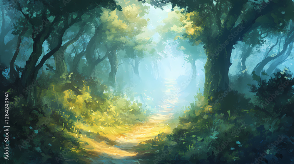 Mystical misty vibes envelop a forest path, soft diffused sunlight breaks through, viewed from a low angle. Misty Forest of Whispers. Illustration Mystical misty vibes envelop a forest path, soft diffused sunlight breaks through, viewed from a low angle. Misty Forest of Whispers. Illustration