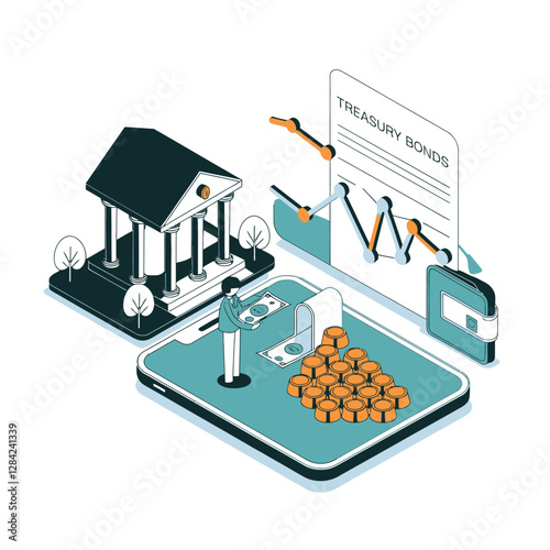 vector colorful economy trading graph cash money linked with curved dash line over the world bank 
