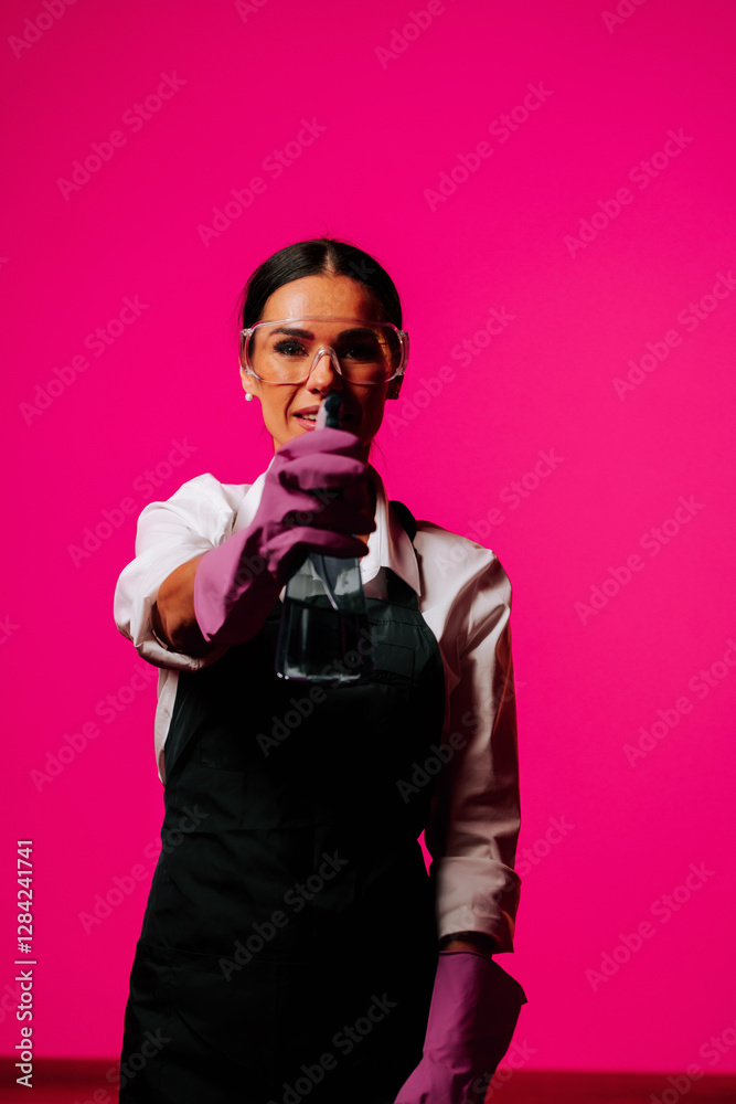 Portrait of a female cleaner wearing gloves and goggles against a vibrant pink background showcasing cleaning tools and service Portrait of a female cleaner wearing gloves and goggles against a vibrant pink background showcasing cleaning tools and service