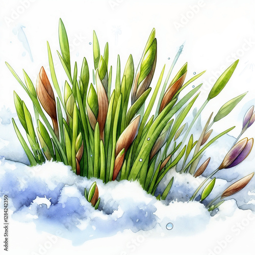 Bright green grass emerging from snow during early spring in a vibrant natural setting