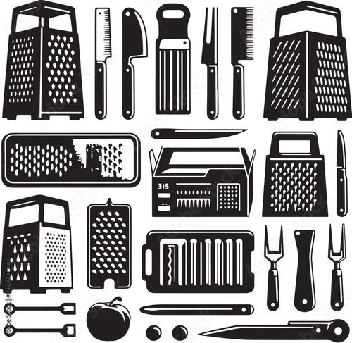 Black Color Peeler,Box grater Silhouette Vector Illustration design, Solid White Background