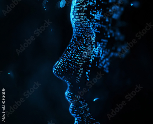 Futuristic AI Head Composed of Glowing Binary Code – Digital Portrait of Artificial Intelligence and Cyber Technology Against a Dark Tech Background
