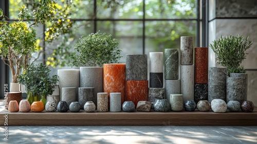 Collection of various sizes and colors of marble cylinders and stones on a wooden shelf near a window.