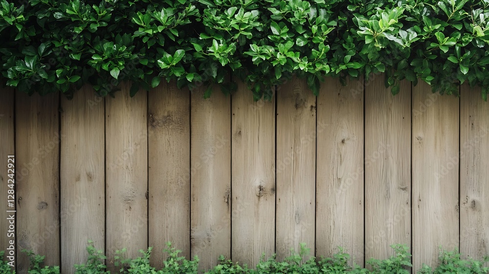 Lush green hedge above rustic wooden fence creating a natural aesthetic : Generative AI Lush green hedge above rustic wooden fence creating a natural aesthetic : Generative AI