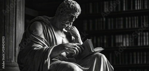 A Black and White Image of a Stoic Philosopher Statue, Seated in a Thoughtful Posture, with a Worn-Out Book in His Hands, Symbolizing the Wisdom of Ages photo
