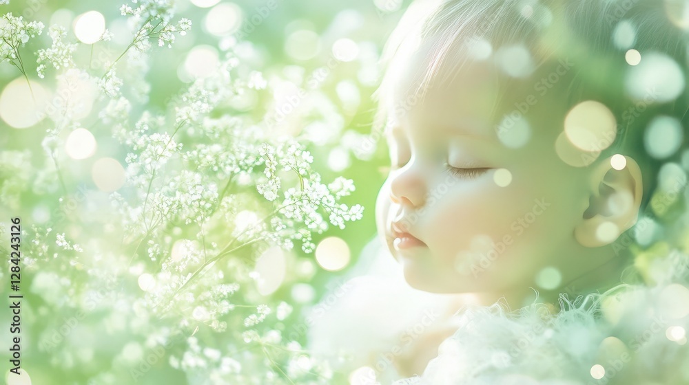 Fototapeta premium Serene baby portrait surrounded by soft greenery and gentle light, capturing innocence and tranquility in a dreamy atmosphere, peaceful childhood concept