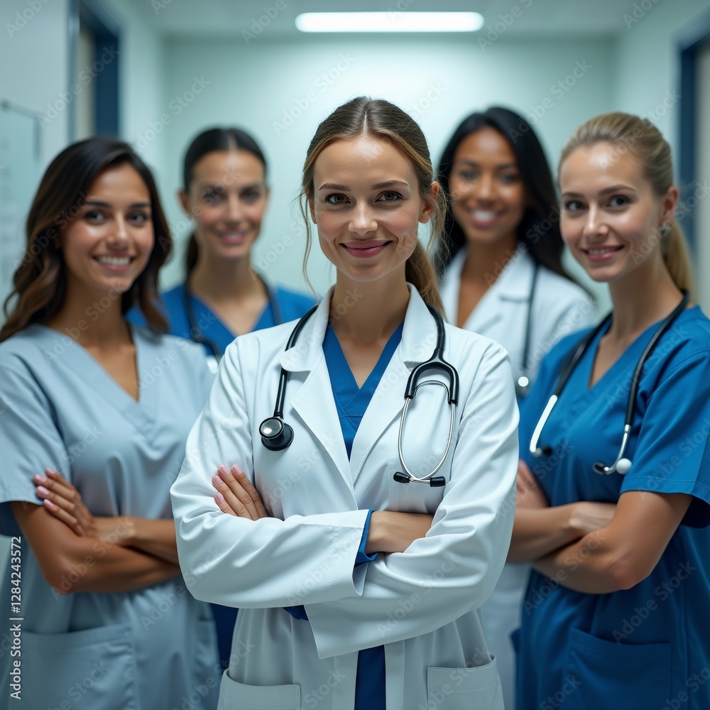 group five young female doctors standing hospital corridor wearing blue scrubs stethoscopes around their necks doctor center standing her arms crossed smiling camera she wearing white lab coat has group five young female doctors standing hospital corridor wearing blue scrubs stethoscopes around their necks doctor center standing her arms crossed smiling camera she wearing white lab coat has