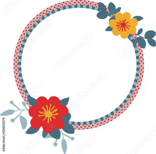 Cadre rond avec rayures et pois orné de 2 grandes fleurs et feuilles