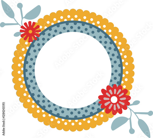 Cadre rond style dentelle et pois avec fleurs et feuilles