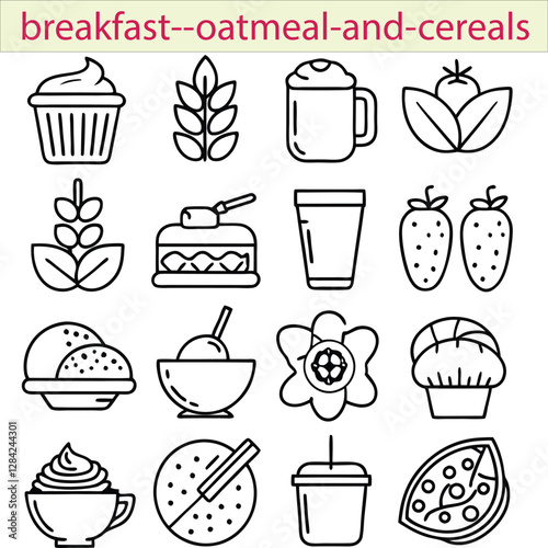 "Breakfast Oatmeal and Cereals Editable Stroke Icon Set" represents symbols like bowls of oatmeal, cereal boxes, spoons, milk, and grains. These editable stroke icons are used for food-related platfor