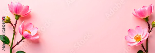 Beautiful pink flowers arranged elegantly on a soft pink background, creating a serene and calming atmosphere, floral design concept