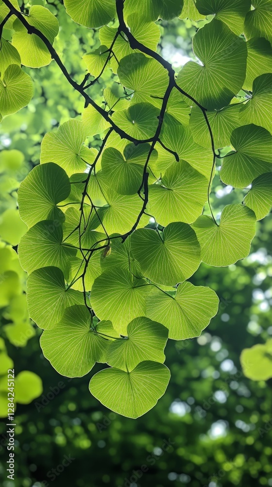 Sunlit Heart-Shaped Leaves of Cercis Chinensis, Lush Green Foliage Sunlit Heart-Shaped Leaves of Cercis Chinensis, Lush Green Foliage