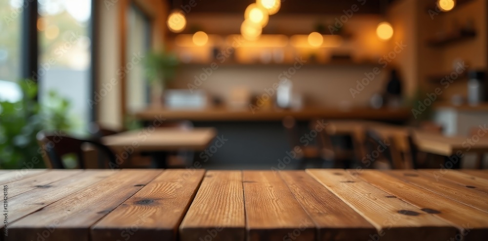 Naklejka premium Empty wooden table, blurred cafe background Golden bokeh lights , template, vintage, scene