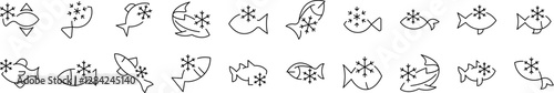 Frozen Fish Line Icon Collection. Outline Signs for Graphic and Web Design, Apps, Adverts, Various Cards