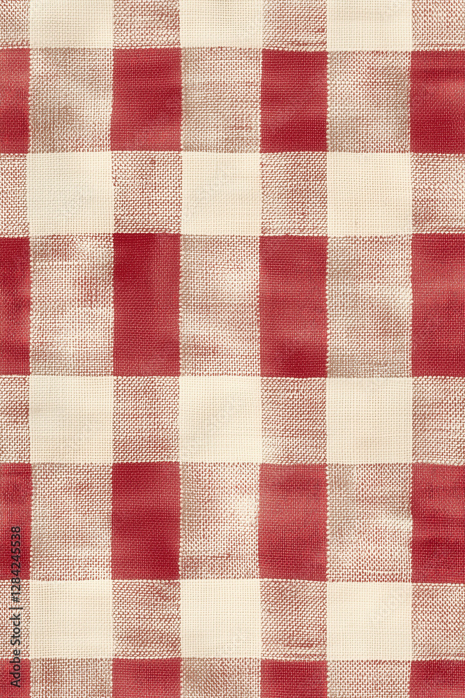 Seamless pattern of a classic red and beige gingham fabric texture, featuring a vintage, slightly worn-out effect. The checkered squares have a hand-woven appearance with visible fabric texture Seamless pattern of a classic red and beige gingham fabric texture, featuring a vintage, slightly worn-out effect. The checkered squares have a hand-woven appearance with visible fabric texture