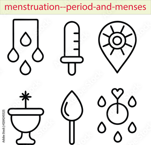 "Menstruation, Period, and Menses Concept Editable Icons Set" represents symbols related to menstruation, such as period calendar, sanitary products (pads, tampons), menstrual cups, and cycle tracking