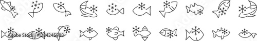 Frozen Fish Line Icon Bundle. Outline Signs for Graphic and Web Design, Apps, Adverts, Various Cards