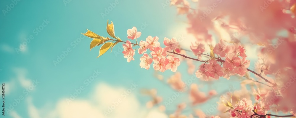 Cherry blossom branch against blue sky with sunlight shining through pink petals in springtime Cherry blossom branch against blue sky with sunlight shining through pink petals in springtime