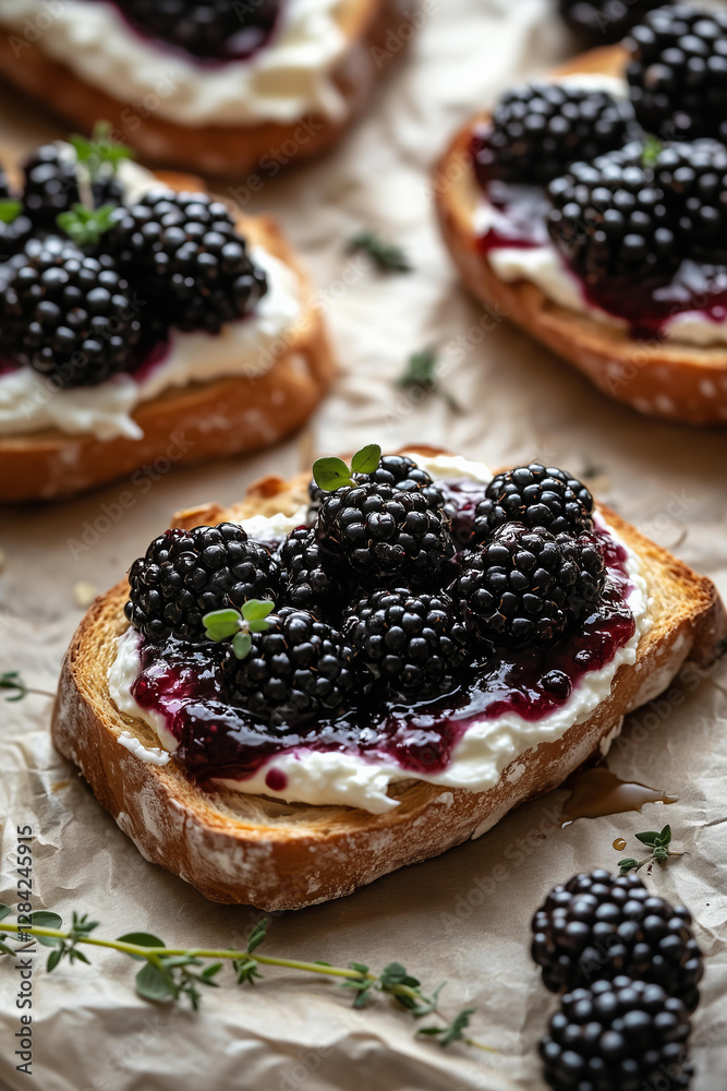 Close-up photo of a rustic blackberry and cream cheese toast, featuring a thick slice of artisanal golden-brown bread with a crispy crust. Close-up photo of a rustic blackberry and cream cheese toast, featuring a thick slice of artisanal golden-brown bread with a crispy crust.