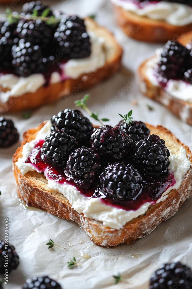 Close-up photo of a rustic blackberry and cream cheese toast, featuring a thick slice of artisanal golden-brown bread with a crispy crust. Close-up photo of a rustic blackberry and cream cheese toast, featuring a thick slice of artisanal golden-brown bread with a crispy crust.