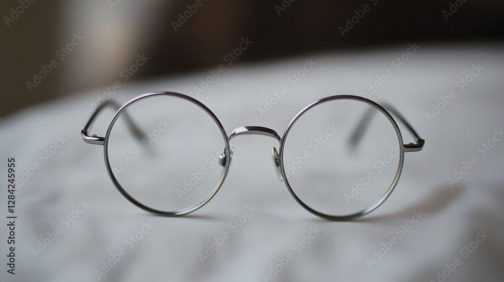 A pair of eyeglasses with a simple, modern frame placed on a white desk, showcases the design. A pair of eyeglasses with a simple, modern frame placed on a white desk, showcases the design.
