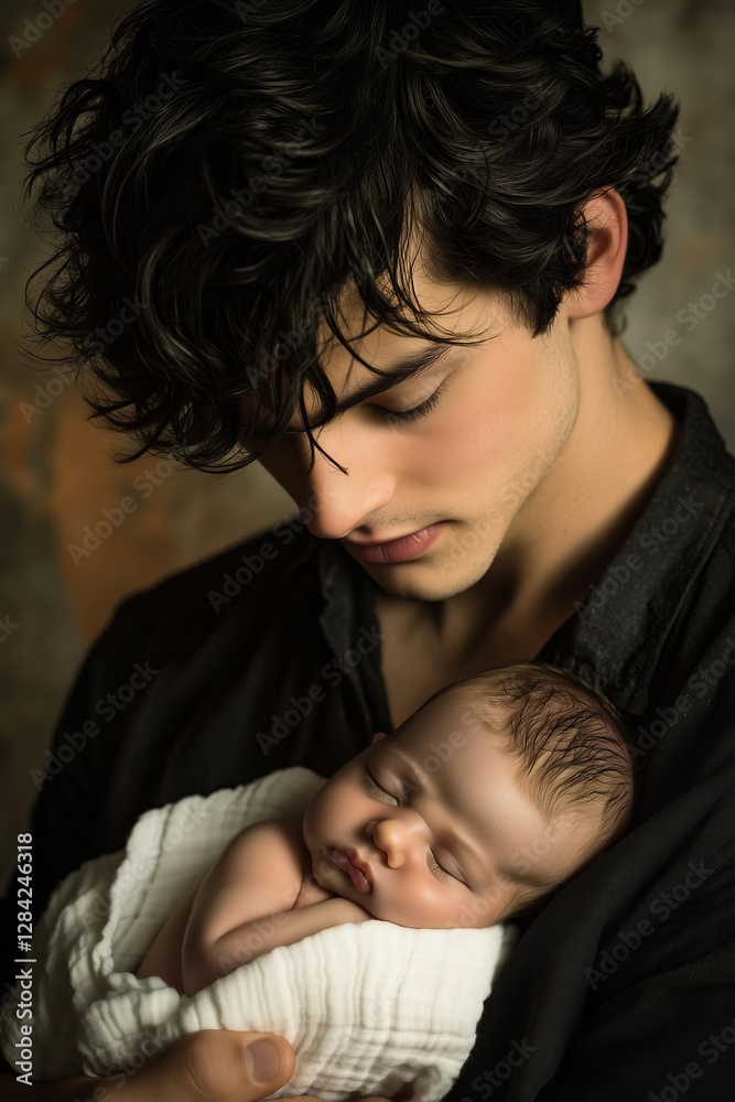close-up portrait of a young man with wavy dark hair and delicate freckles, gently holding a sleeping baby in his arms. His eyes are closed, his expression is peaceful and filled with tenderness. close-up portrait of a young man with wavy dark hair and delicate freckles, gently holding a sleeping baby in his arms. His eyes are closed, his expression is peaceful and filled with tenderness.