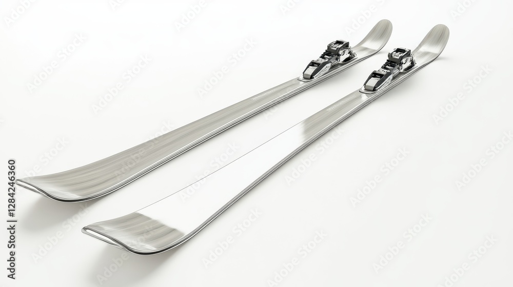 A pair of skis with bindings attached, showcasing the smooth surface and sleek design, isolated on white. A pair of skis with bindings attached, showcasing the smooth surface and sleek design, isolated on white.