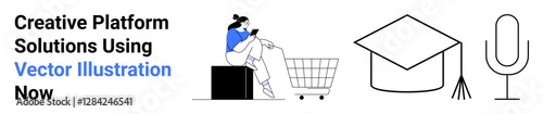 Woman sitting on a box using smartphone, shopping cart, graduation cap, and microphone. Ideal for e-commerce, education, audio media, online services, technology communication flat landing page