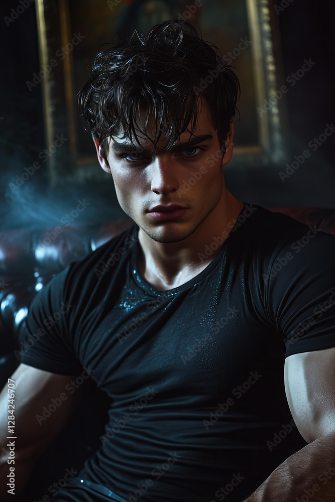Obraz premium close-up photo of a mysterious, brooding young man with a chiseled jawline, intense dark eyes, and tousled, wet black hair. He is seated in a dimly lit, vintage leather armchair