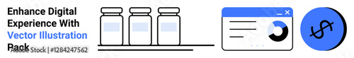 Three jars on a shelf, data analytics interface with circular chart, and financial coin icon. Ideal for technology, analytics, finance, e-commerce, business tools, marketing flat landing page banner