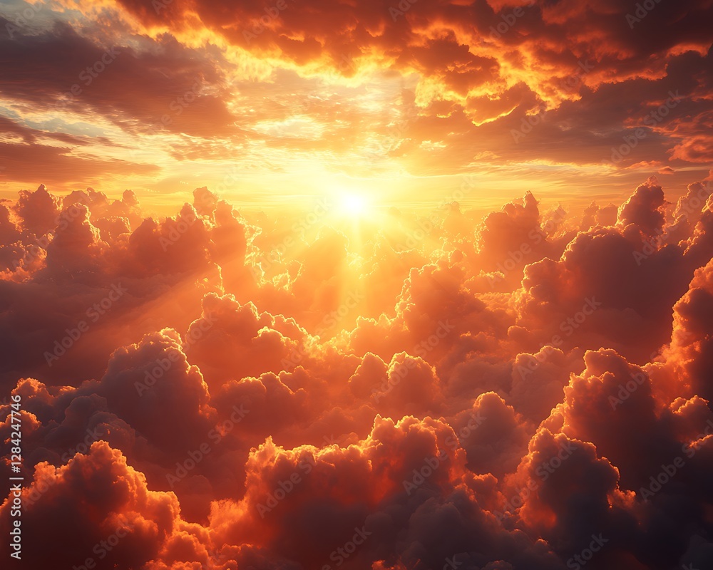 Fototapeta premium Aerial sunset, fiery clouds, divine light