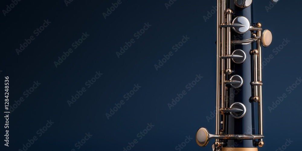 Obraz premium Closeup of a detailed woodwind instrument with elegant keys against a dark background for musical themes